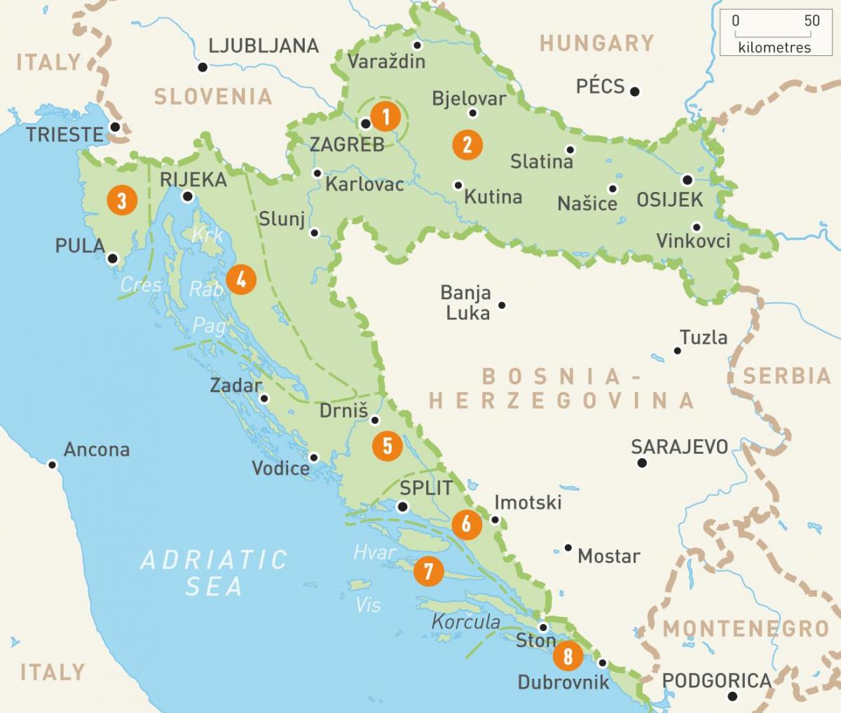 地図のクロアチアの島々